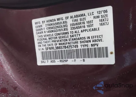 2007 Honda Odyssey Ex-L из США, поврежденный, VIN 5FNRL38657B425749